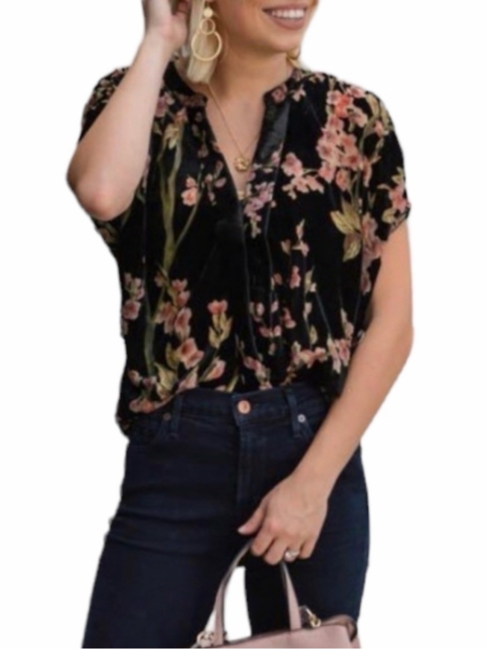 NWT Bishop + Young Black Floral Velvet Button Blouse size Medium